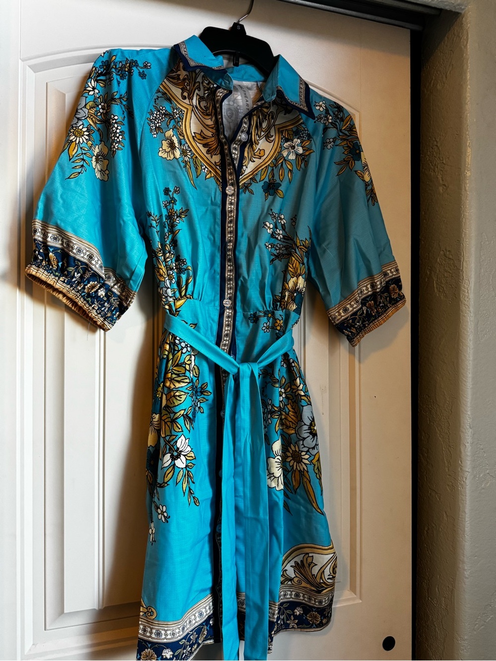 Turquoise Floral Midi Shirt Dress with Tie Belt